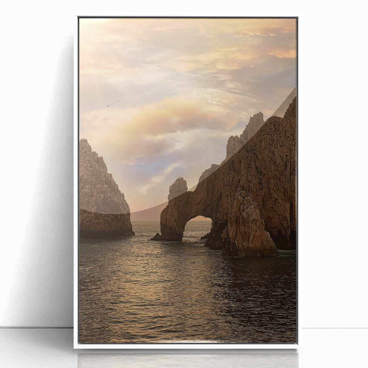 Acrylic print of Cabo San Lucas scenery in a white frame, featuring art deco style, ideal for modern art wall decor.