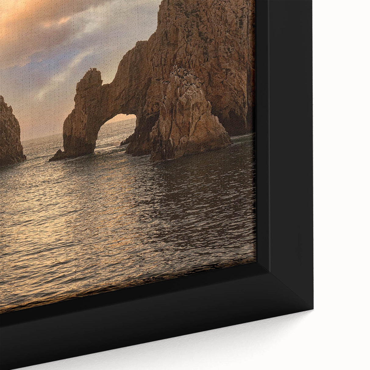 Extra large framed canvas featuring a textured depiction of Cabo San Lucas scenery in black with colorful art accents.