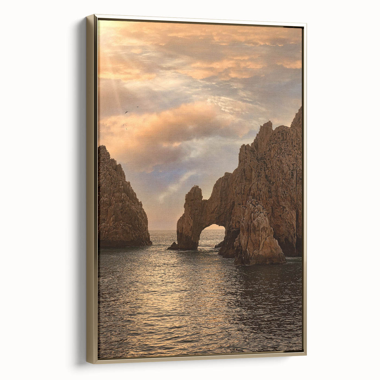 Framed canvas wall art depicting a vintage-style landscape of Cabo San Lucas in muted gold and black tones.