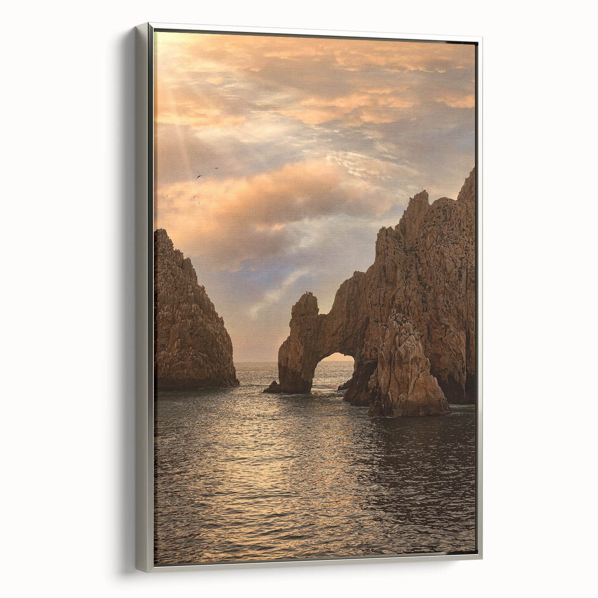 Framed canvas depicting a vintage-style landscape art painting of Cabo San Lucas in a colorful palette.
