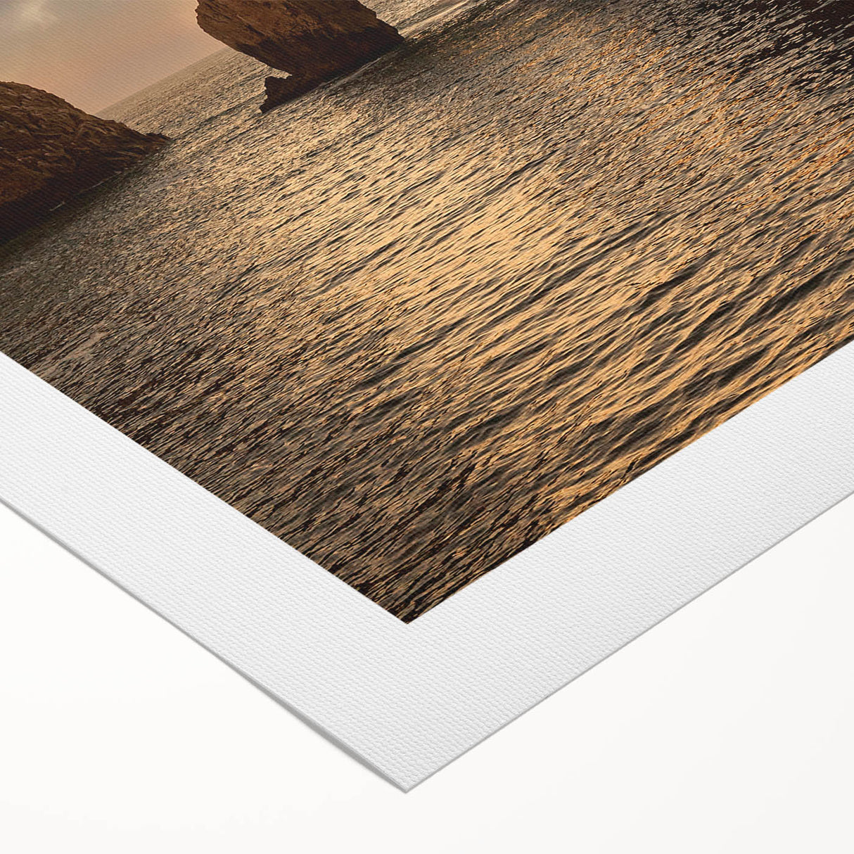 Art deco poster of Cabo San Lucas scenery on rolled canvas, featuring cool blue and sandy hues.