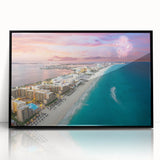 Large abstract wall art depicting Cancun scenery in mid-century modernist style, framed in black acrylic.