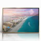Framed acrylic print of Cancun scenery in mid-century modernist style, featuring golden hues.