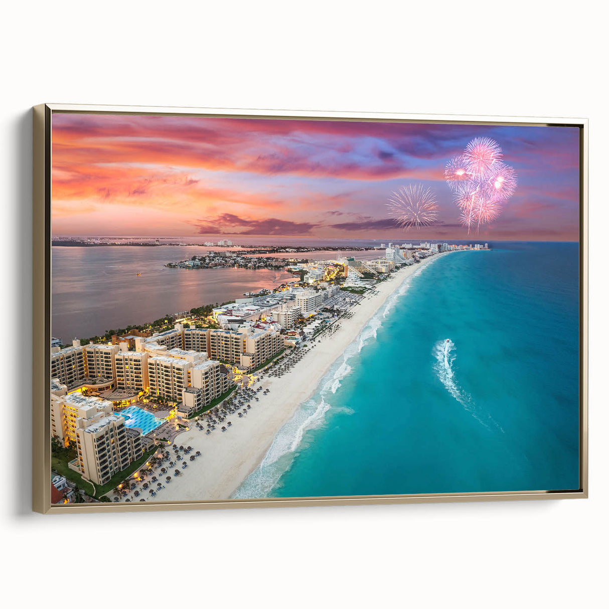 Framed canvas depicting a vintage-style Cancun landscape in muted gold and black tones, ideal for bedroom wall art.