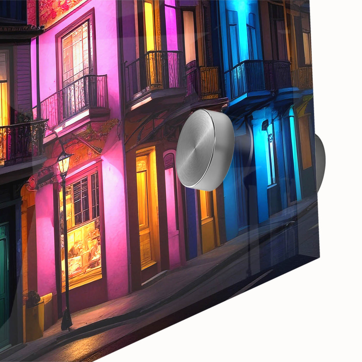 Mid-century modernist art of Guanajuato, Mexico with vibrant colors on acrylic glass, suitable for dining room art.