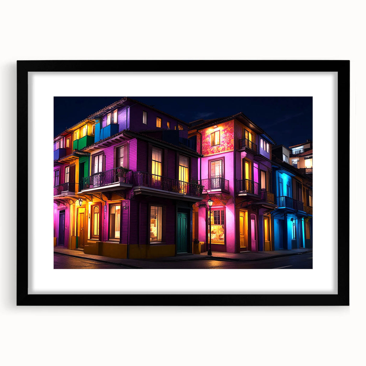 Abstract art print of Guanajuato scenery in vibrant colors on a black framed canvas, ideal for living room decor.