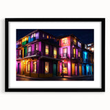 Abstract art print of Guanajuato scenery in vibrant colors on a black framed canvas, ideal for living room decor.