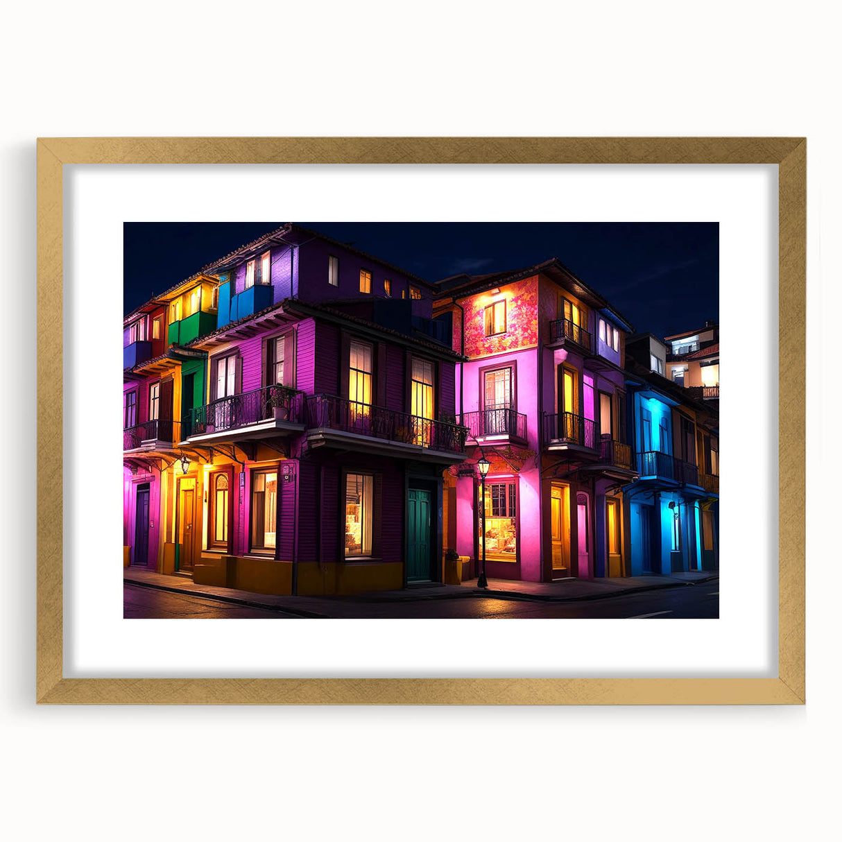 Extra large abstract art print of Guanajuato, Mexico, in textured hues of gold and blue, framed with a gold mat.