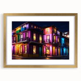 Extra large abstract art print of Guanajuato, Mexico, in textured hues of gold and blue, framed with a gold mat.
