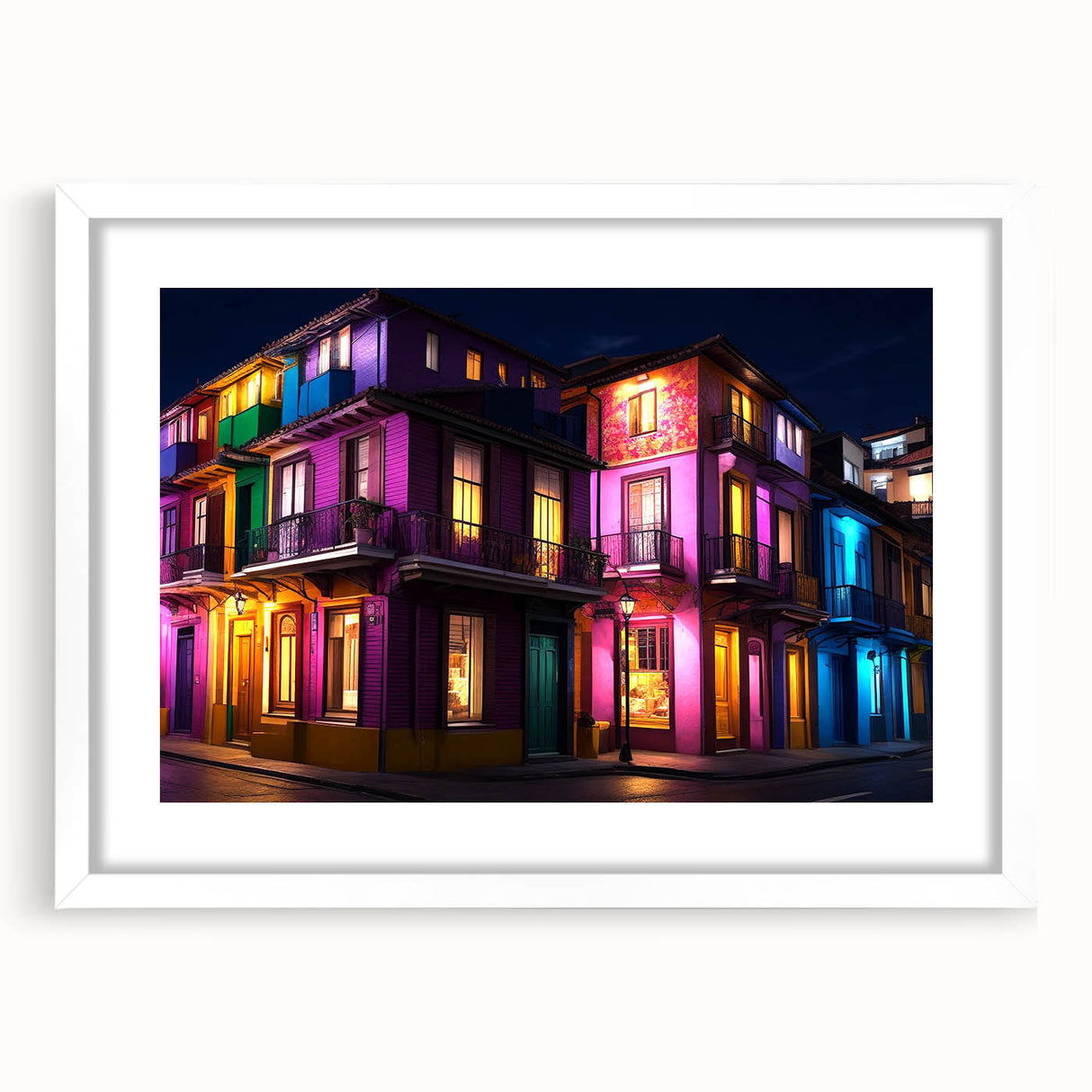 Abstract art print of Guanajuato, Mexico, in vibrant hues on a white framed canvas, ideal for dining room decor.
