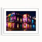 Abstract art print of Guanajuato, Mexico, in vibrant hues on a white framed canvas, ideal for dining room decor.