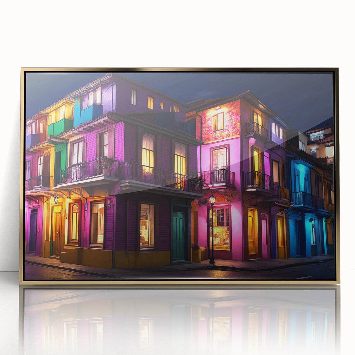 Mid-century modernist acrylic print of Guanajuato, Mexico, with vibrant colors, framed in gold.