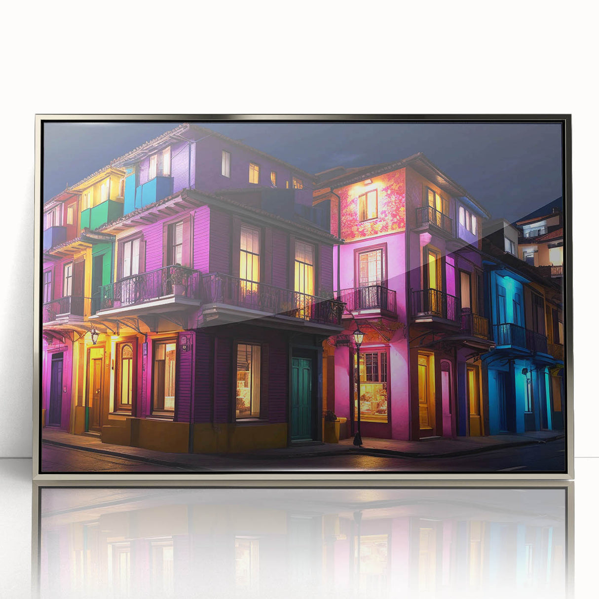 Mid-century modernist art depicting colorful Guanajuato scenery on a silver-framed acrylic print.