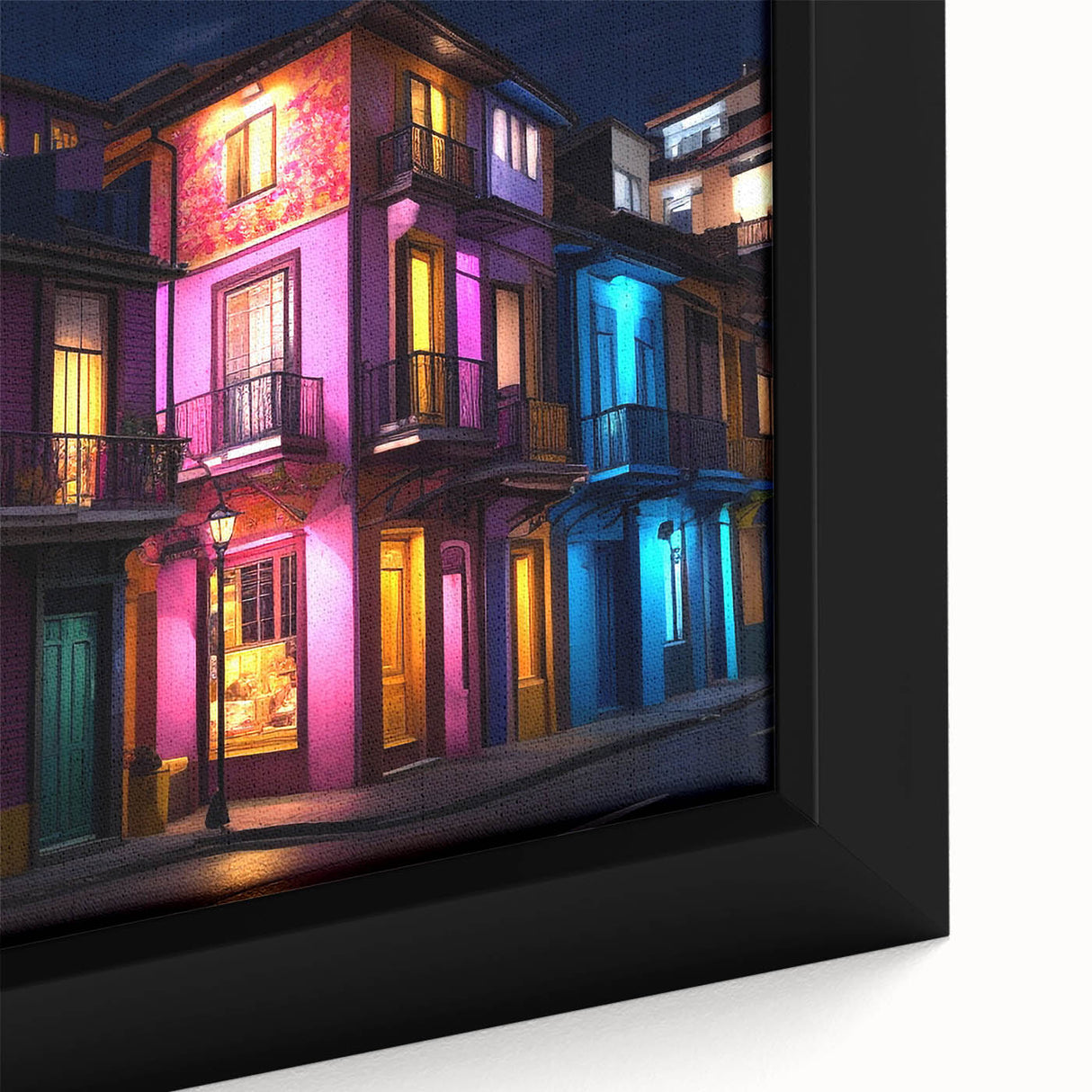 Extra large framed canvas featuring a textured depiction of Guanajuato, Mexico with vibrant, colorful buildings.