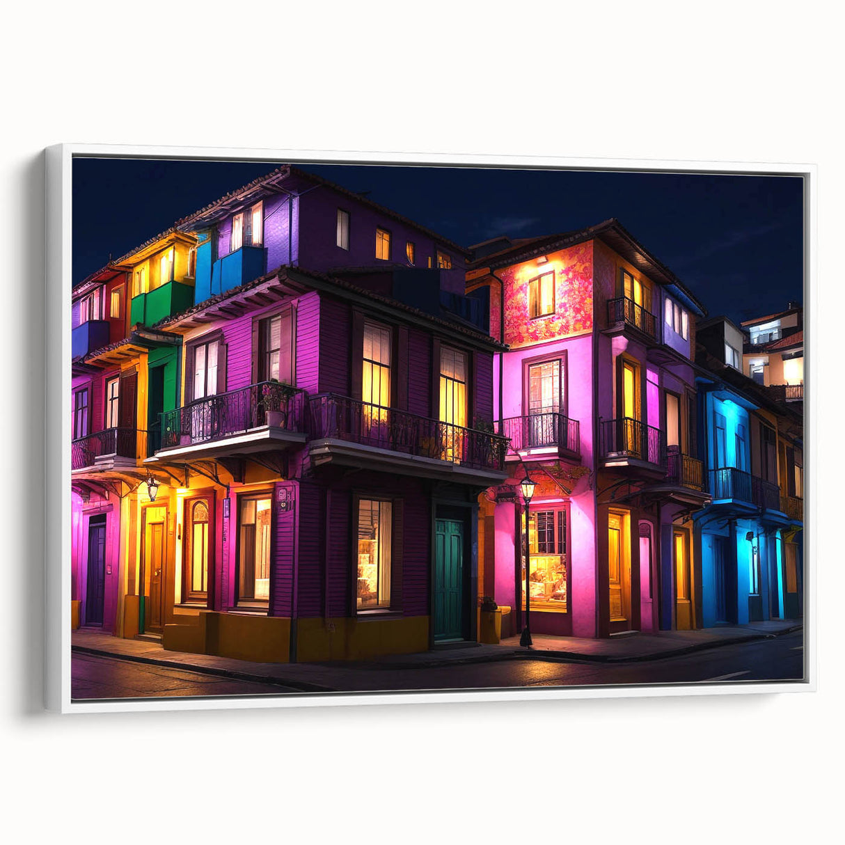 Vintage poster art of Guanajuato, Mexico in vibrant colors on a white framed canvas, suitable for living room decor.