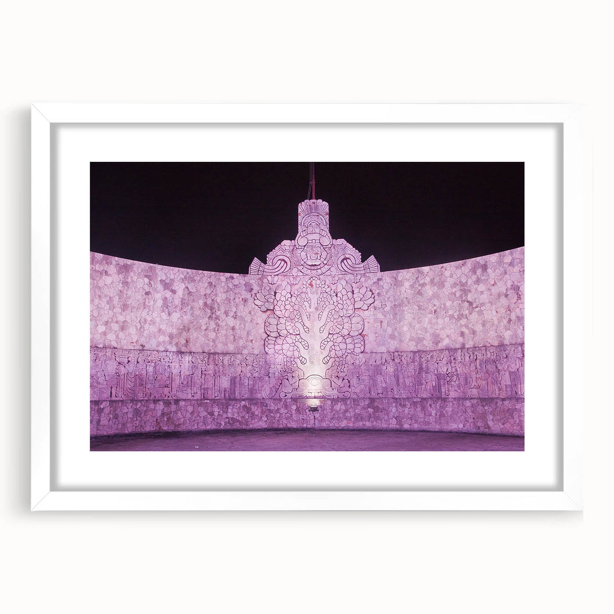 Abstract art print of Mexico's Yucatán scenery in muted earth tones, framed with a white mat, ideal for dining room decor.