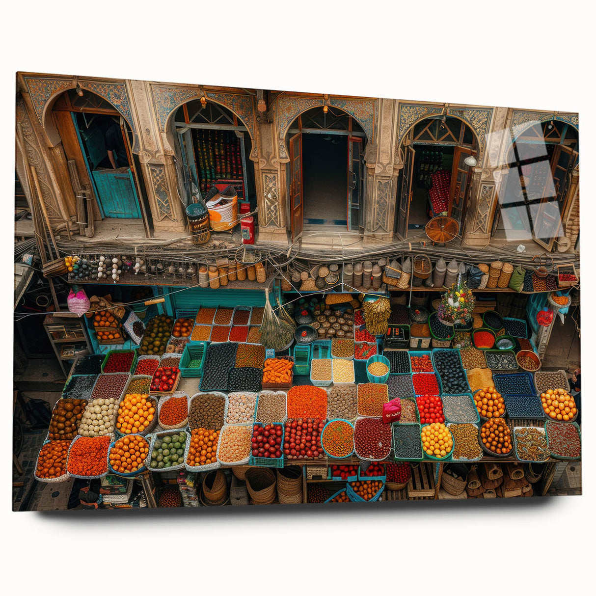 Acrylic print of a large abstract wall art depicting Middle-Eastern scenery in muted earth tones, ideal for dining room art.