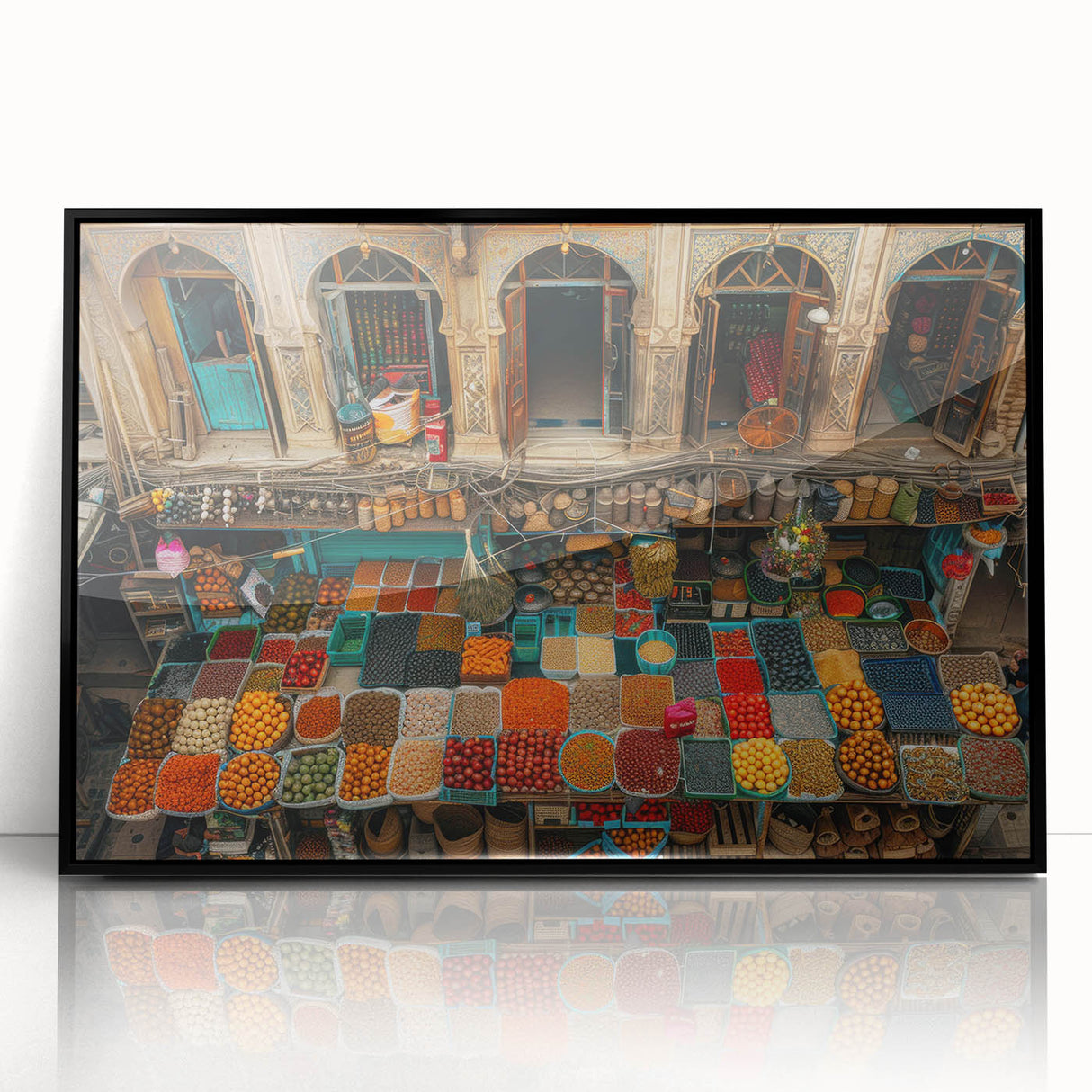 Large abstract wall art depicting a Middle Eastern scene in muted earth tones on a framed acrylic.