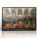 Large abstract wall art depicting a Middle Eastern scene in muted earth tones on a framed acrylic.