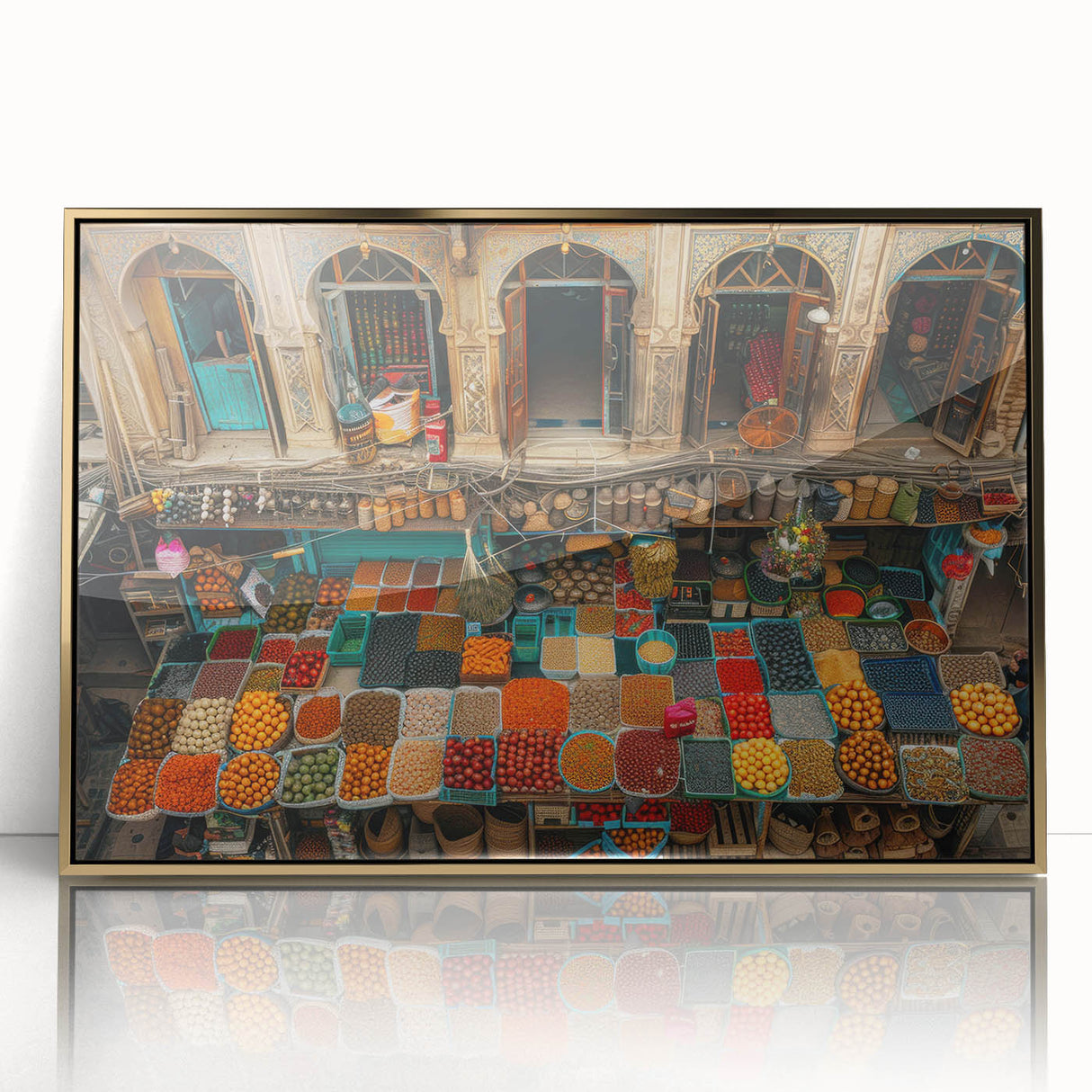 Mid-century modernist acrylic print of a Middle Eastern landscape in gold and earth tones, ideal for modern art wall decor.