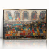 Mid-century modernist acrylic print of a Middle Eastern landscape in gold and earth tones, ideal for modern art wall decor.