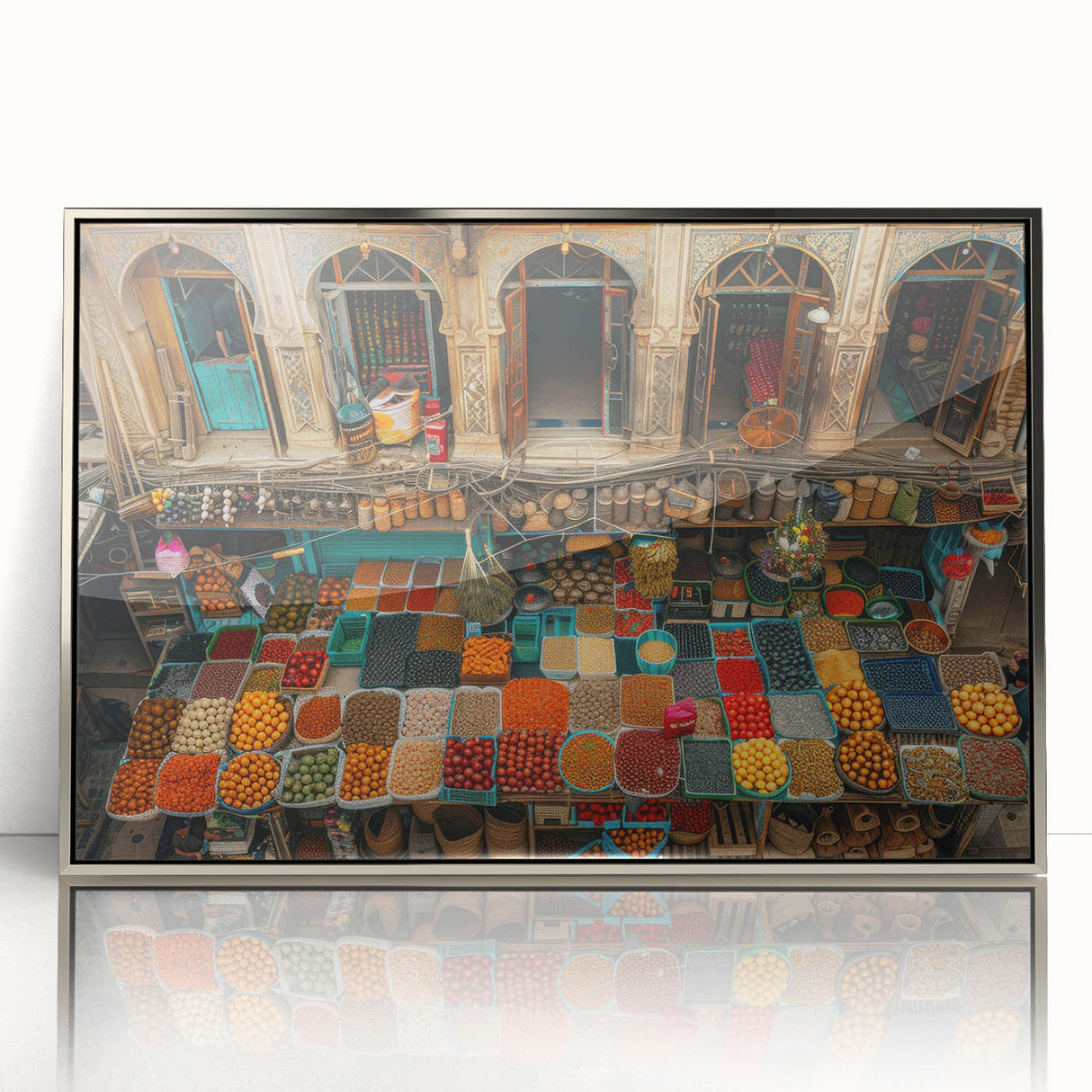 Mid-century modernist art depicting a serene Afghan landscape in muted earth tones on a framed acrylic panel.