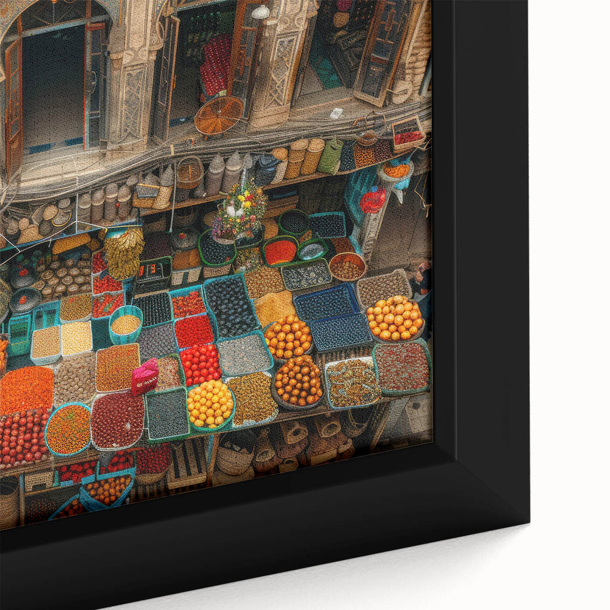 Textured black wall art depicting a Middle Eastern scenery in vibrant colors on a framed canvas, ideal for living room decor.