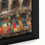 Textured black wall art depicting a Middle Eastern scenery in vibrant colors on a framed canvas, ideal for living room decor.