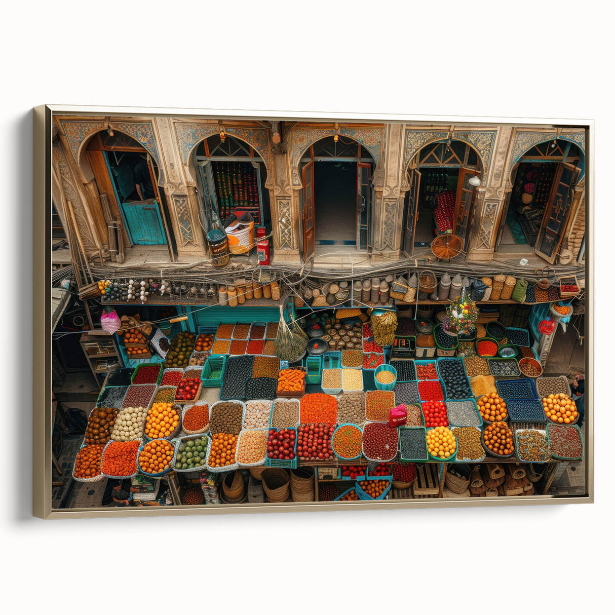 Framed canvas depicting a vintage-style landscape painting of Middle-Eastern scenery in gold and black tones.