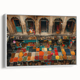 Vintage poster art of a Middle Eastern Afghan scenery on a framed canvas, showcasing colorful art in an extra-large size.