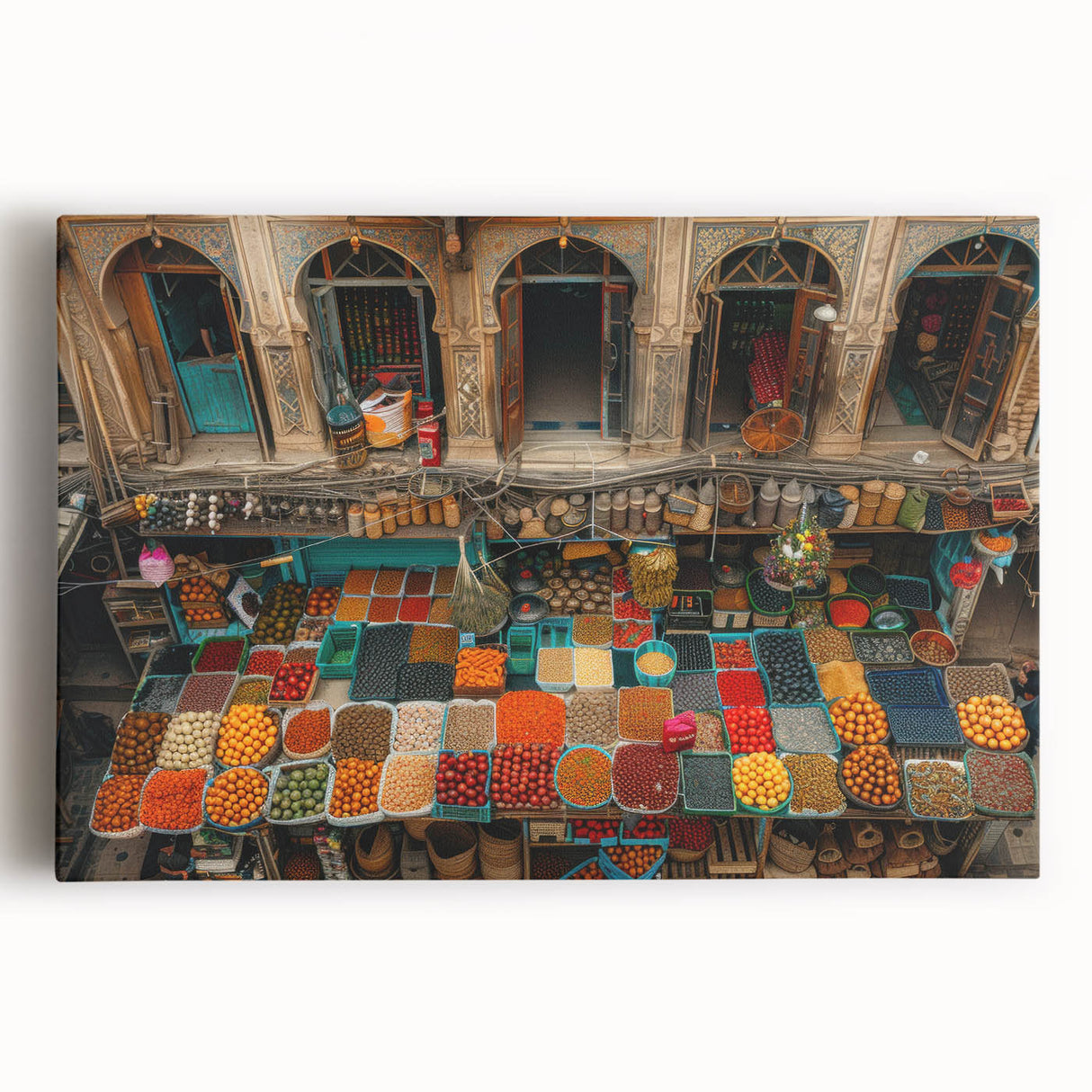 Large black and white stretched canvas of Middle Eastern scenery, ideal for kitchen wall art.