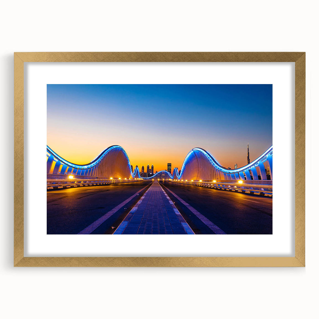 Extra large textured abstract art print of Dubai skyline in muted gold and blue tones, framed, ideal for living room decor.