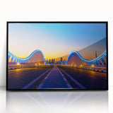 Large abstract wall art depicting Dubai's skyline in muted gray and blue tones on a framed acrylic.