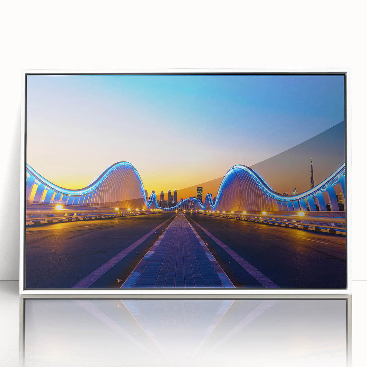 Acrylic print of the Dubai skyline in muted gray and white tones, framed in white, suitable for modern art wall decor.