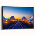 Black and white framed canvas of Dubai skyline, ideal for bedroom wall art with a vintage poster style.