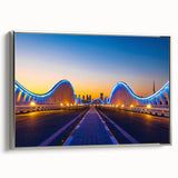 Framed canvas depicting a colorful Dubai skyline landscape, ideal for enhancing a modern living room decor.