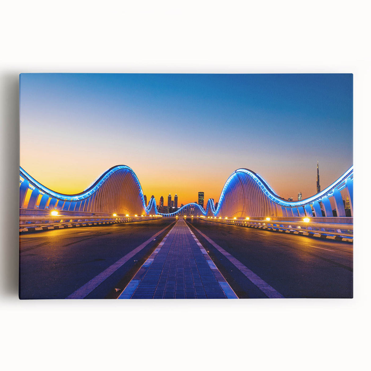 Black and white stretched canvas depicting the Dubai skyline, suited for kitchen wall art.