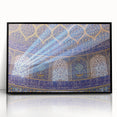 Large abstract wall art depicting a Middle Eastern scenery in muted earth tones on framed acrylic.