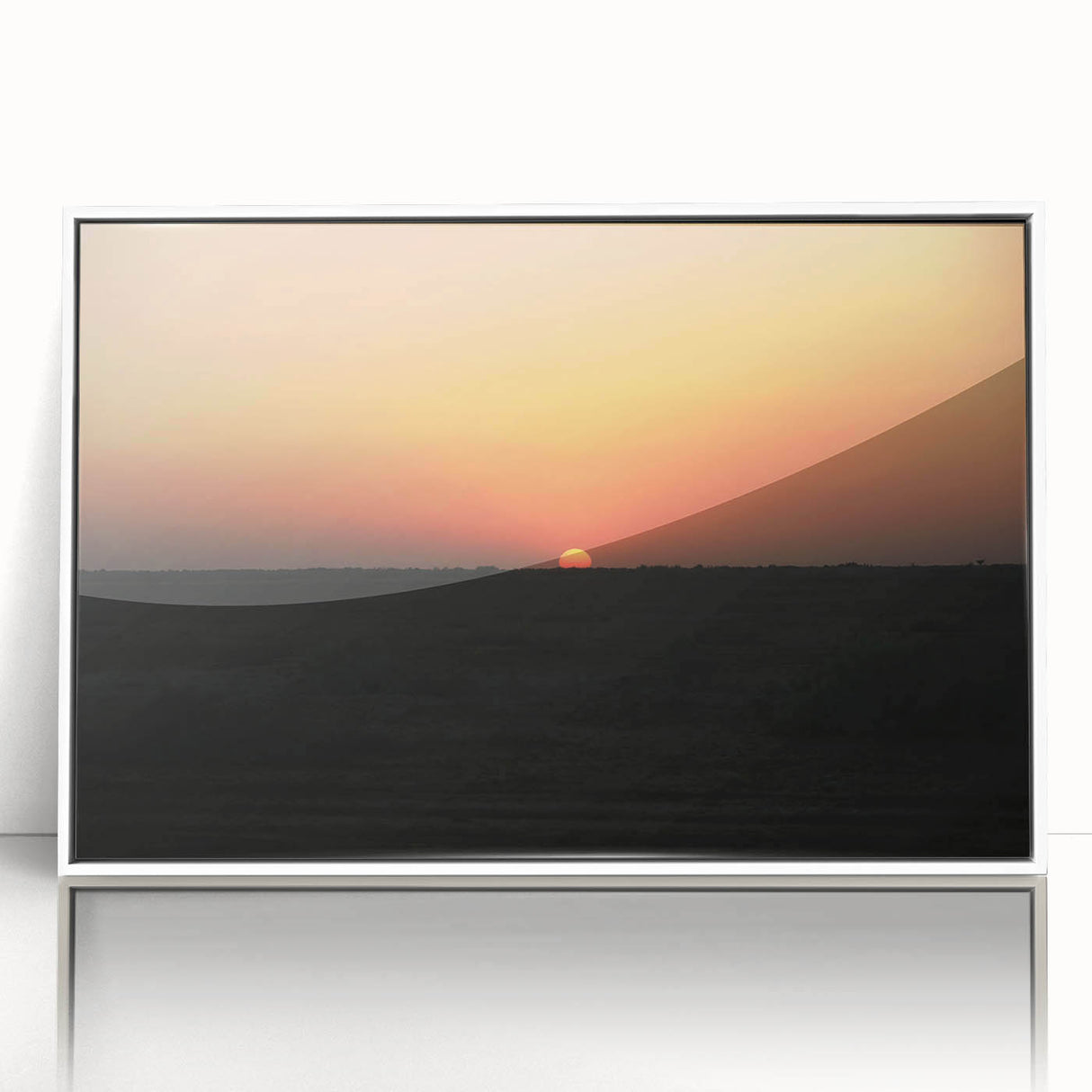 Acrylic print of a Middle Eastern Iraqi landscape in muted earth tones, framed in white, ideal for modern art wall decor.