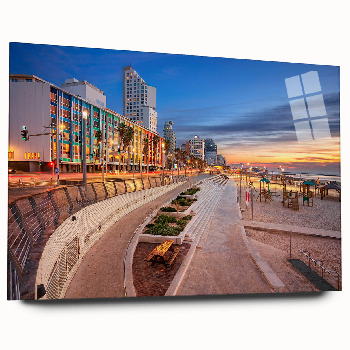 Acrylic print of Tel Aviv skyline in muted earth tones, ideal for bedroom or dining room art.