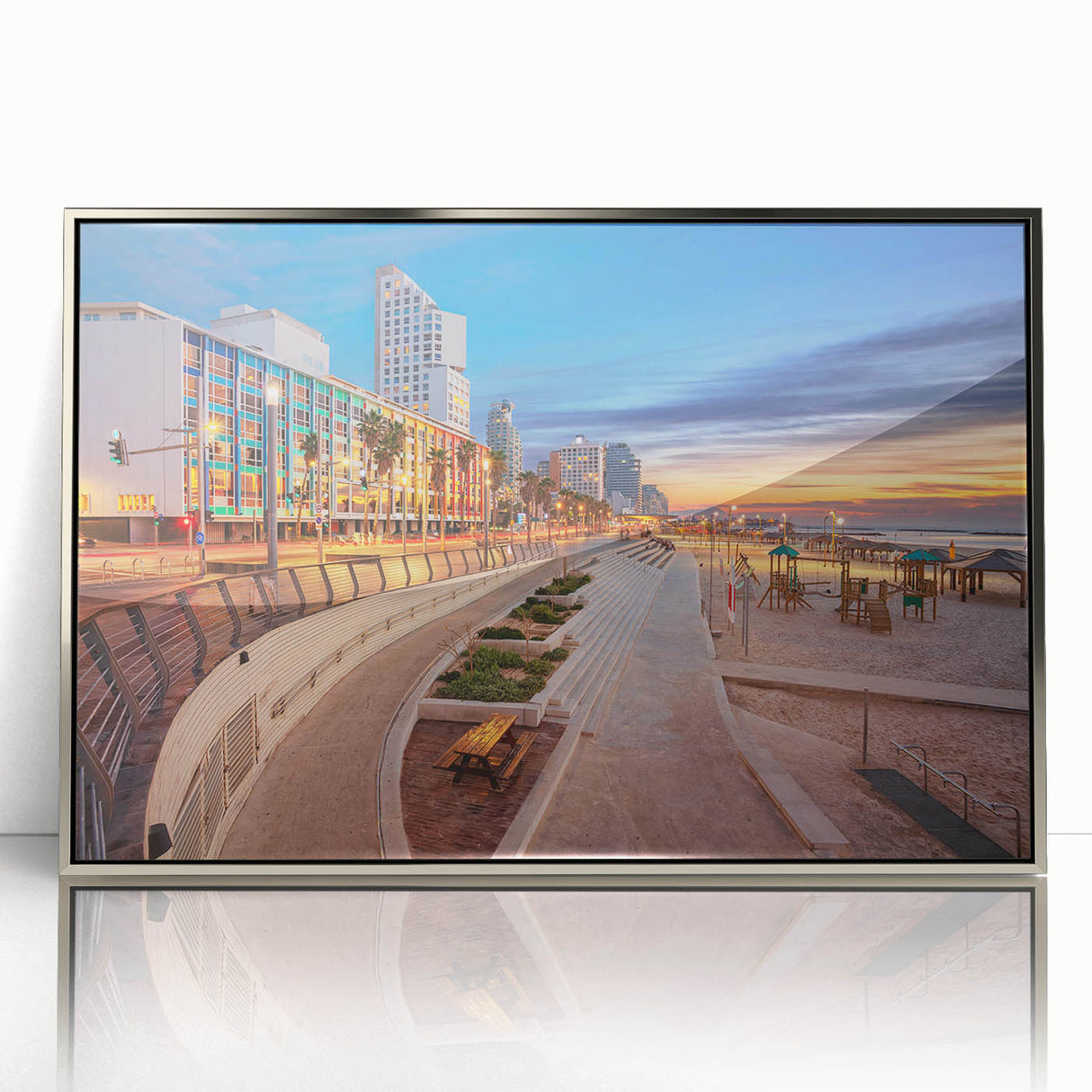 Mid-century modernist art depicting the Tel Aviv skyline in muted blues and grays on a framed acrylic print.