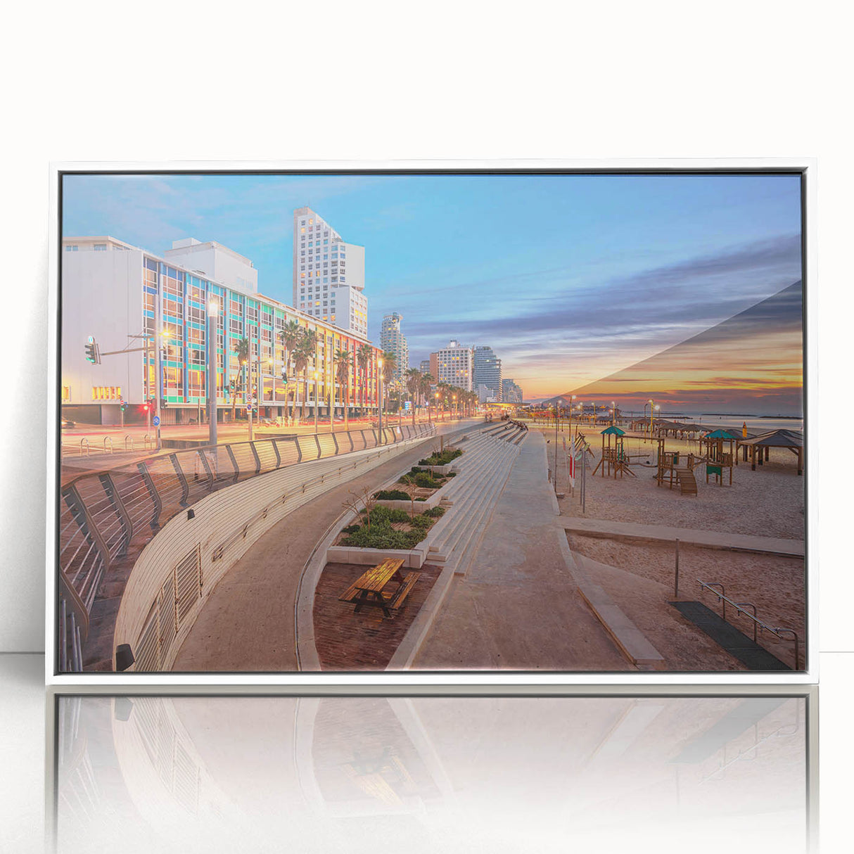 Art deco style poster of Tel Aviv skyline in muted gray and blue tones, framed acrylic, suitable for modern art wall decor.