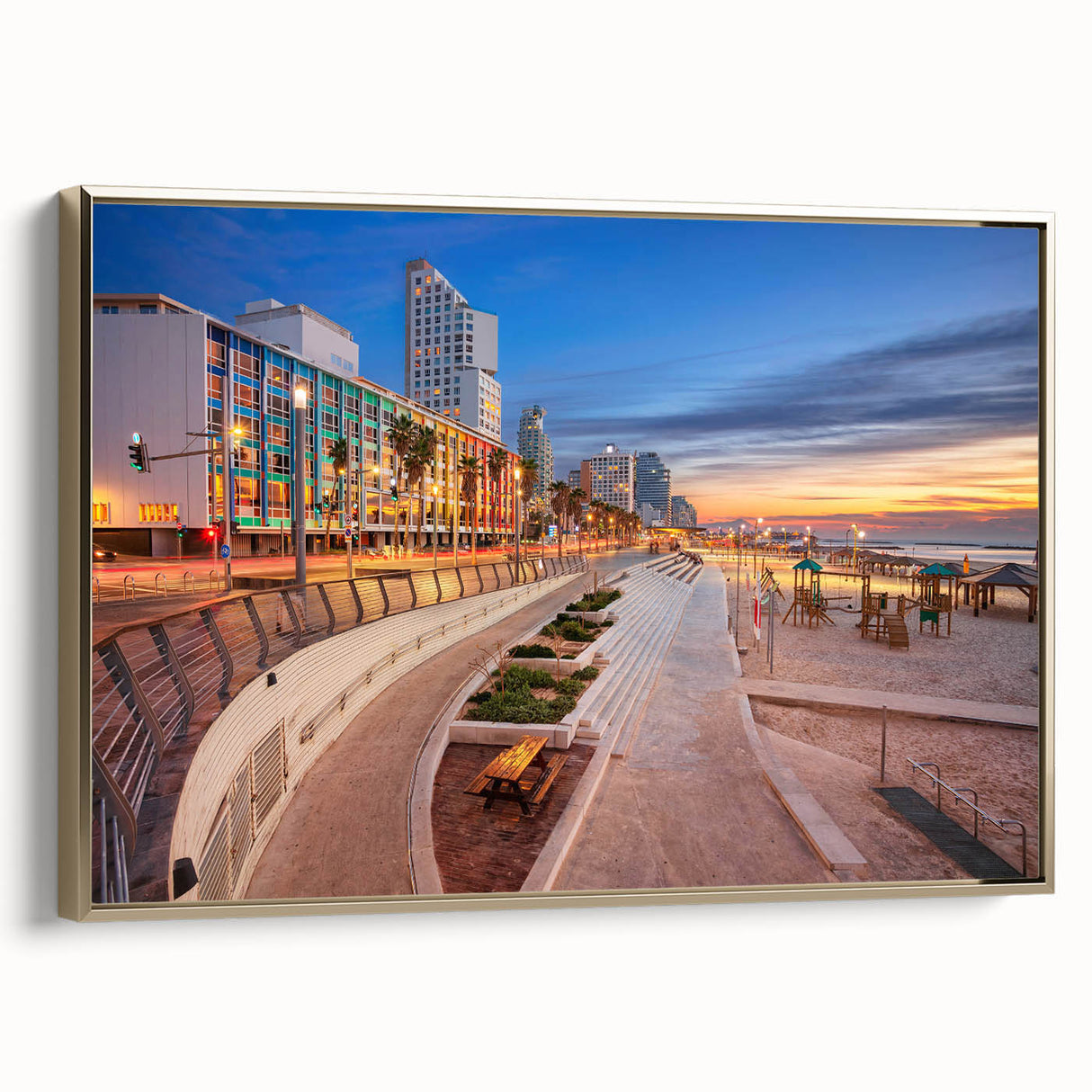 Framed canvas wall art featuring a vintage-style landscape painting of Tel Aviv in black and gold tones.