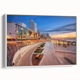 Vintage poster art of Tel Aviv skyline in colorful hues on a large framed canvas, ideal for living room decor.