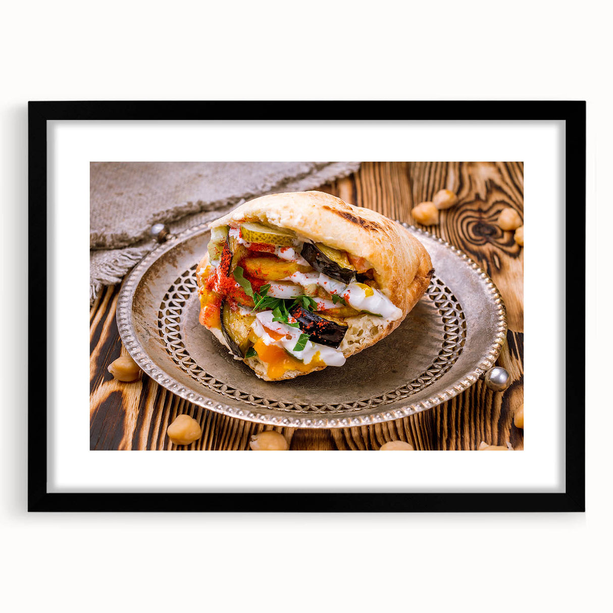 Extra large abstract art print featuring colorful, textured scenery of a Middle Eastern landscape, framed in black.
