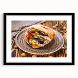 Extra large abstract art print featuring colorful, textured scenery of a Middle Eastern landscape, framed in black.