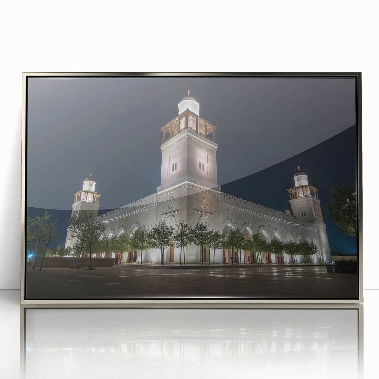 Mid-century modernist art depicting a Jordanian landscape on a silver-framed acrylic print, suitable for nursery wall art.