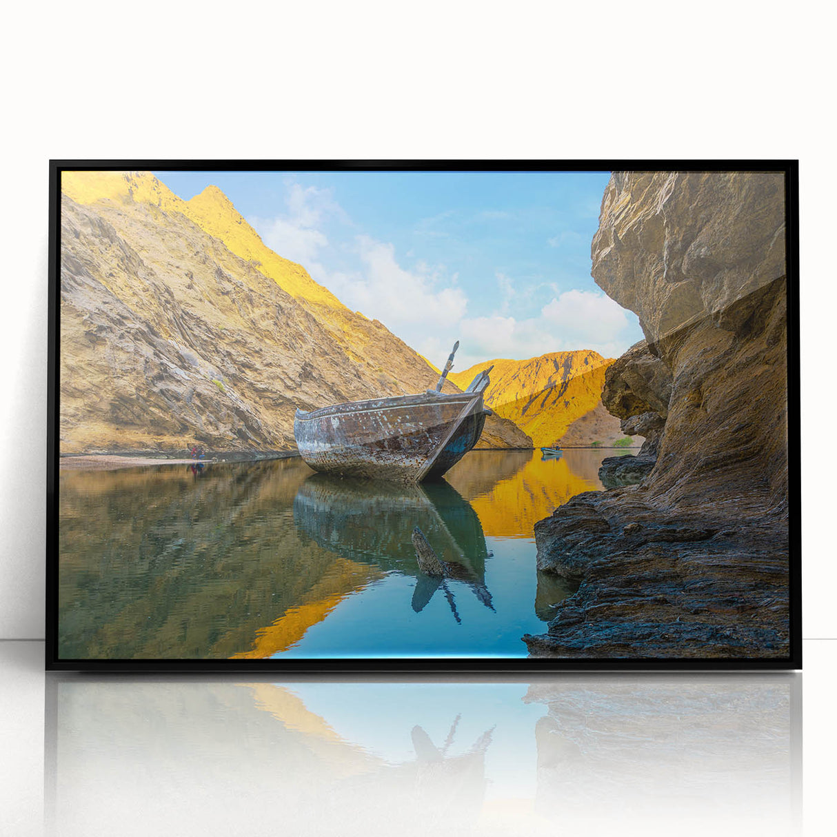 Large abstract wall art depicting a Middle Eastern scenery on a framed acrylic print, in muted earth tones.