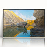 Mid-century modernist art of Oman scenery in muted earth tones on framed acrylic, suitable for modern art wall decor.