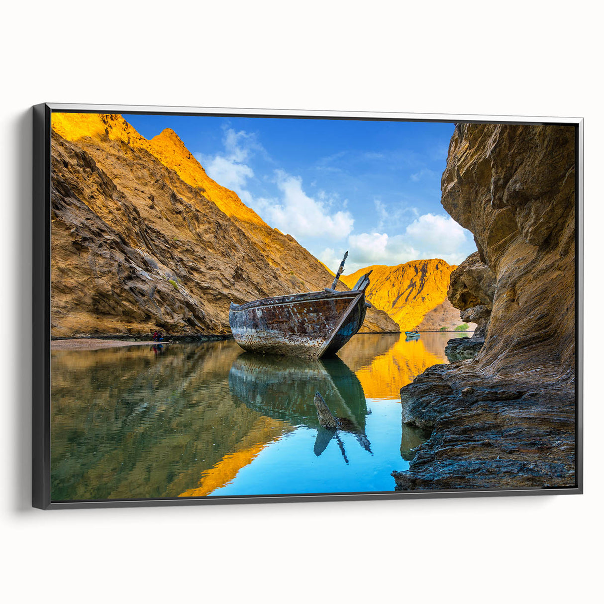 Black and white framed canvas of a Middle Eastern landscape, ideal for bedroom wall decor.